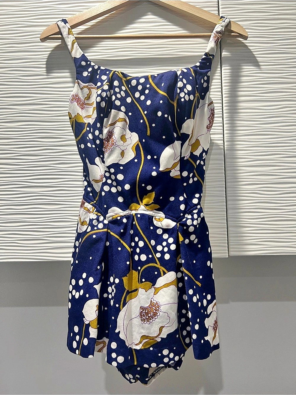 RARE Vintage 1960s Catalina Bathing Suit Blue White Floral Print Romper One Piec